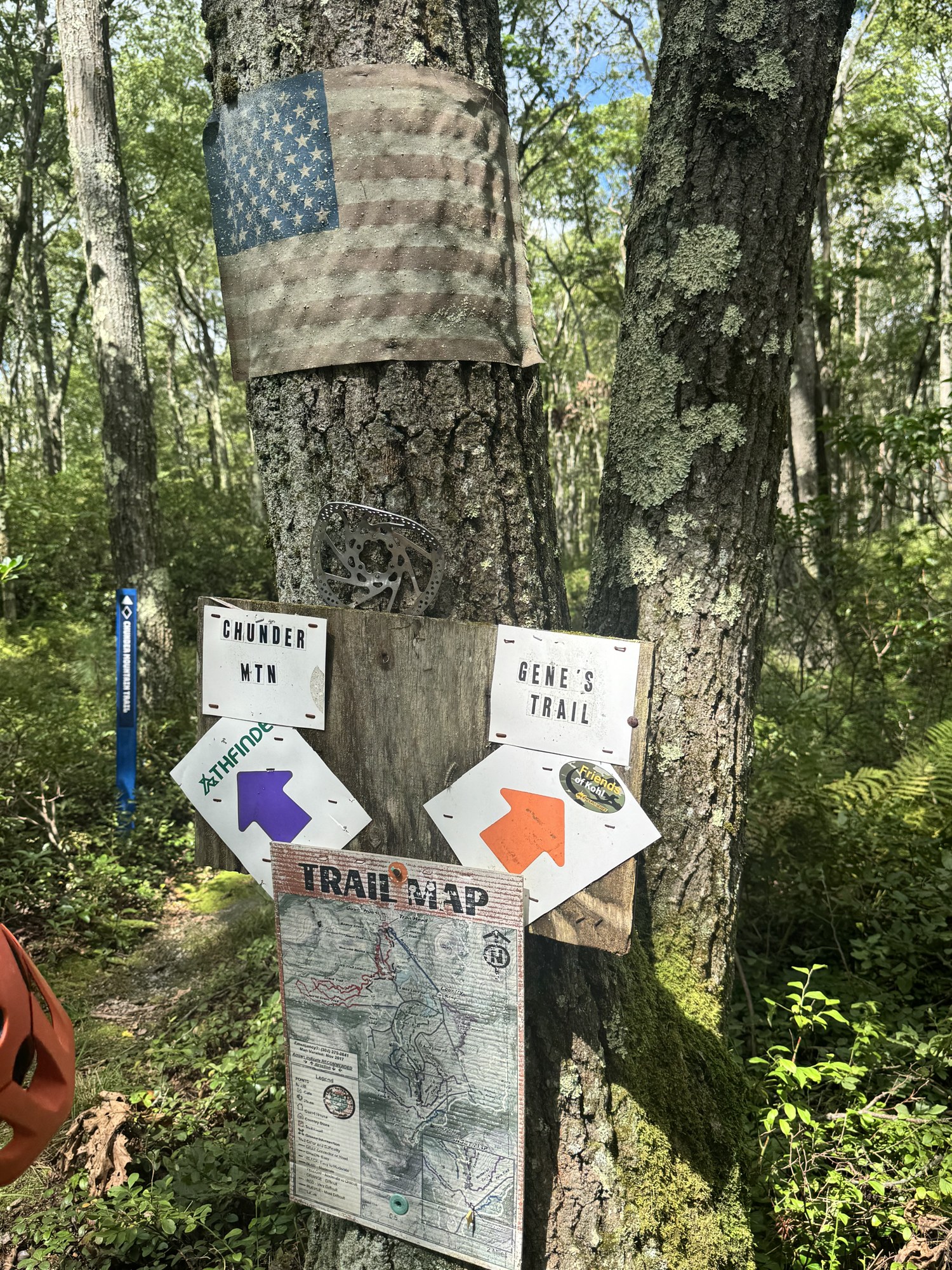 Big Bear trail junction with signs for Chunder Mountain and Gene’s Trail and a trail map among the trees.